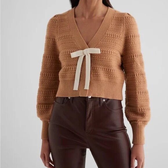 Express | Brown Textured V-Neck Bow Cardigan - Picture 1 of 8